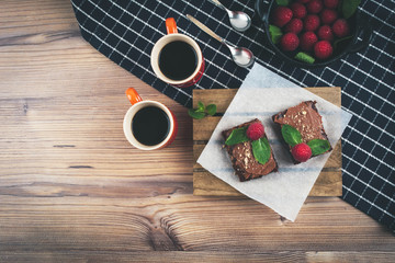 Fototapeta na wymiar Coffee with homemade vegan brownies.
