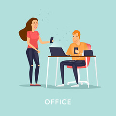Business characters. Co working people, meeting, teamwork, collaboration and discussion, conference table, brainstorm. Workplace. Office life. Flat design vector illustration.