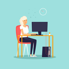 Secretary. Girl sitting at the computer, office, work. Flat design vector illustration.