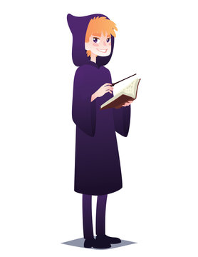 Wizard boy with book and magic stick. Cute young man in style of Magician in robe with hood going for Halloween party. Vector