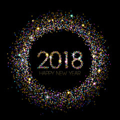 Happy new year 2018 in sparkling glitter on a black background.  Greeting card, eps10 vector