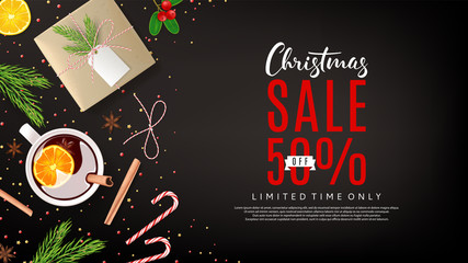 Christmas Sale Web Banner. Christmas Greeting Card with Lettering. Top View on Festive Decoration with Paper Gift Boxes for Happy New Year. Vector Illustration with Discount Promo.