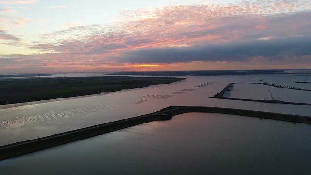 Aerial view over Eastern Scheldt - sunset