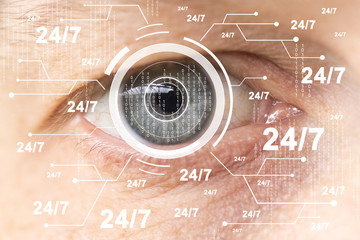 Future man with 24 hours service cyber technology eye panel concept.