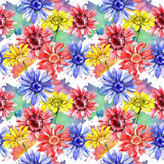 Wildflower gerbera flower pattern in a watercolor style. Full name of the plant: gerbera. Aquarelle wild flower for background, texture, wrapper pattern, frame or border.