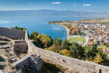 Cityscape of Ohrid against mountains seen from Samoil Fortress, Macedonia - obrazy, fototapety, plakaty