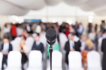 Business presentation. Corporate conference. Microphone.