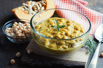 Chickpea and pumpkin curry, healthy vegan meal, autumn or fall cooking, selective focus, toned image