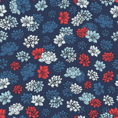 Colorful hand drawn vector lilies silhouettes seamless pattern in red and blue colors on dark navy background. Vintage floral design.