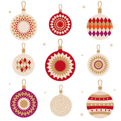 Christmas balls. Design of Christmas balls on a white background. Red and gold balls for decoration of Christmas cards, congratulations and decorations. Vector flat