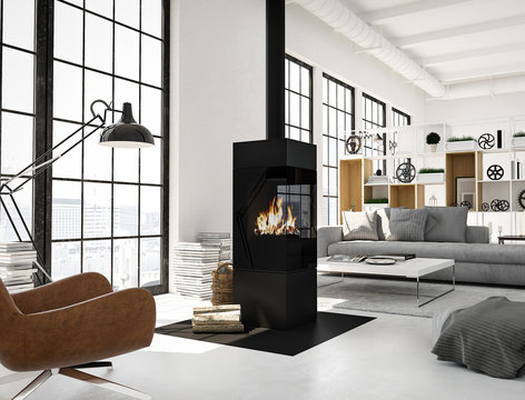 3d rendering. living room with fireplace in modern loft apartment.