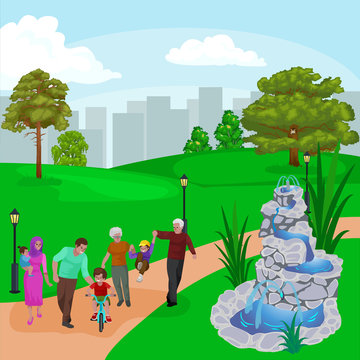 Happy family in park with fountain, boys and girls playing outdoors around garden waterfall, casual people in vacation vector illustration
