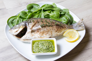 Baked Dorado with spinach and pesto sauce. Close-up. Selective focus.