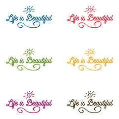 Life is beautiful postcard. Set. Positive lettering. Ink illustration.