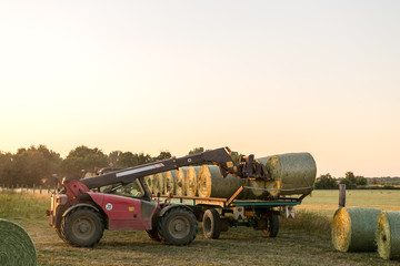 Fototapeta premium Ein Traktor lädt Ballen vom Anhänger aufs Feld um