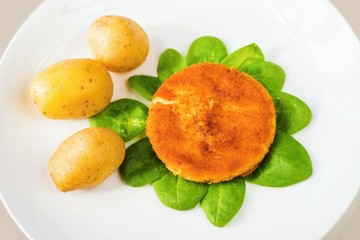Cheese fried in breadcrumbs with boiled potato.