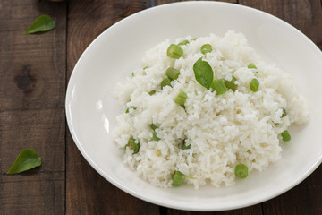 rice with string bean on wood