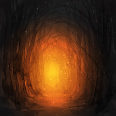Woodland path. Ghostly forest trail, watercolor illustration. Old trees, enchanted forest, into the woods. Halloween vector background. Magic lights.