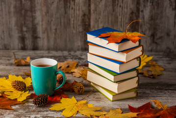 Autumn.A Cup of tea. Books colorful. Yellow red Leaves
