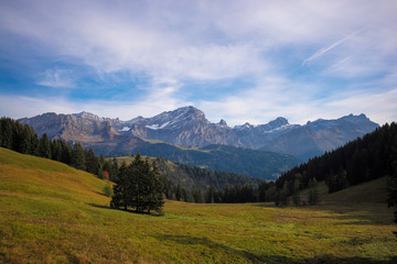 Fototapeta na wymiar View of the Swiss Alps in autumn, Villars, Switzerland