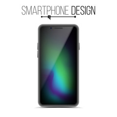 Smartphone Mockup Design Vector. Black Modern Trendy Mobile Phone Front View. Isolated On White Background. Realistic 3D Illustration