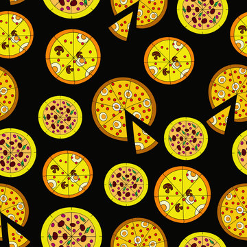 yellow pizza seamless pattern on a black background