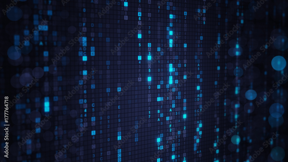 Wall mural blue matrix rain of digital hex code with bokeh