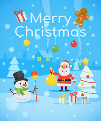 Illustration Snowman Santa Claus Christmas Tree Text Happy Merry Christmas