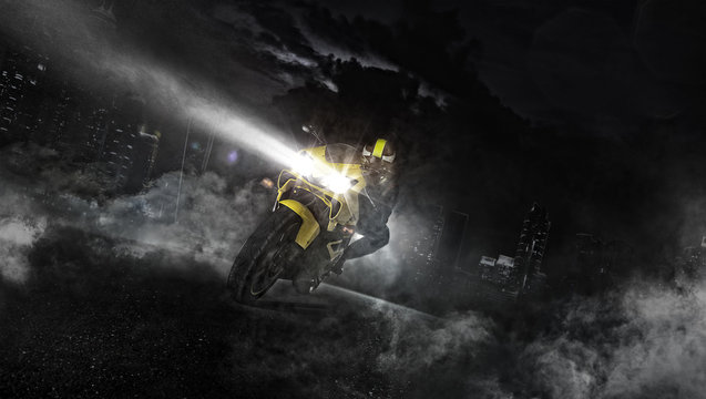 Supersport motorcycle rider driving at night