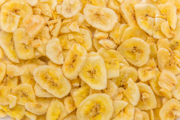 Dried Banana Chips close-up shot, selective focus