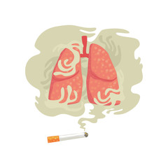 Cigarette smoke and lungs, bad habit, dangers of smoking, nicotine addiction cartoon vector Illustration