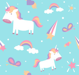Unicorn pattern. Cute seamless design with baby pony, stars, rainbow, butterfly
