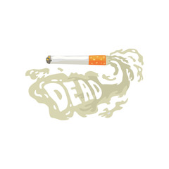 Burning cigarette with smoke and Dead inscription, bad habit, nicotine addiction cartoon vector Illustration