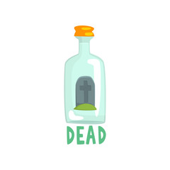 Tombstone on the bottom of giant alcohol bottle, bad habit, alcoholism concept cartoon vector Illustration