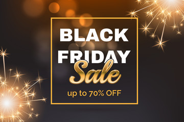 Black friday sale banner with gold frame. Abstract bokeh background with dark gradient and bright fireworks. Template for poster, flyer, invite Vector illustration.