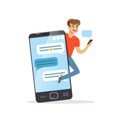 Young men standing near giant smartphone, phone addiction, addicted to social networking, bad habit vector Illustration