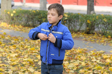Boy puts on a blue jacket walking in the autumn park