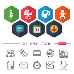 Maternity icons. Baby infant, pregnancy, buggy.
