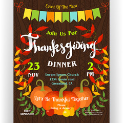 Thanksgiving dinner poster template with pumpkins and autumn colors leaves. - 177768755