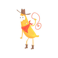 Banana cowboy in American traditional hat with lasso, cartoon funny fruit character vector Illustration