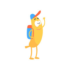 Banana schoolboy with backpack, cartoon funny fruit character vector Illustration