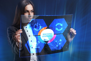 The concept of business, technology, the Internet and the network. A young entrepreneur working on a virtual screen of the future and sees the inscription: Machine learning