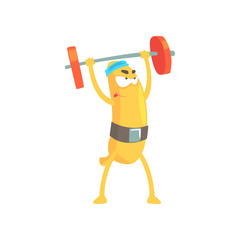Fototapeta na wymiar Funny banana doing exercises with barbell, cartoon fruit character vector Illustration