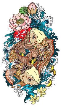 two koi gold carp fishes . Lotus flower with water splash and feng shui money coins . Illustration tattoo style drawing