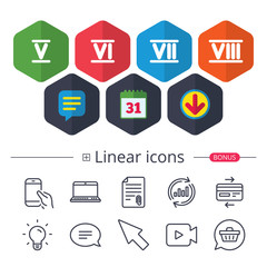 Roman numeral icons. Number five, six, seven.