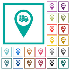 Transport service GPS map location flat color icons with quadrant frames