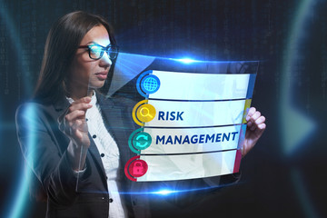 The concept of business, technology, the Internet and the network. A young entrepreneur working on a virtual screen of the future and sees the inscription: Risk management