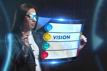 The concept of business, technology, the Internet and the network. A young entrepreneur working on a virtual screen of the future and sees the inscription: Vision