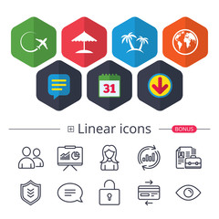 Naklejka premium Travel trip icon. Airplane, world globe symbols.