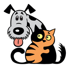 Fototapeta na wymiar cartoon little cat hugging his dog friend. Pets friendship logo